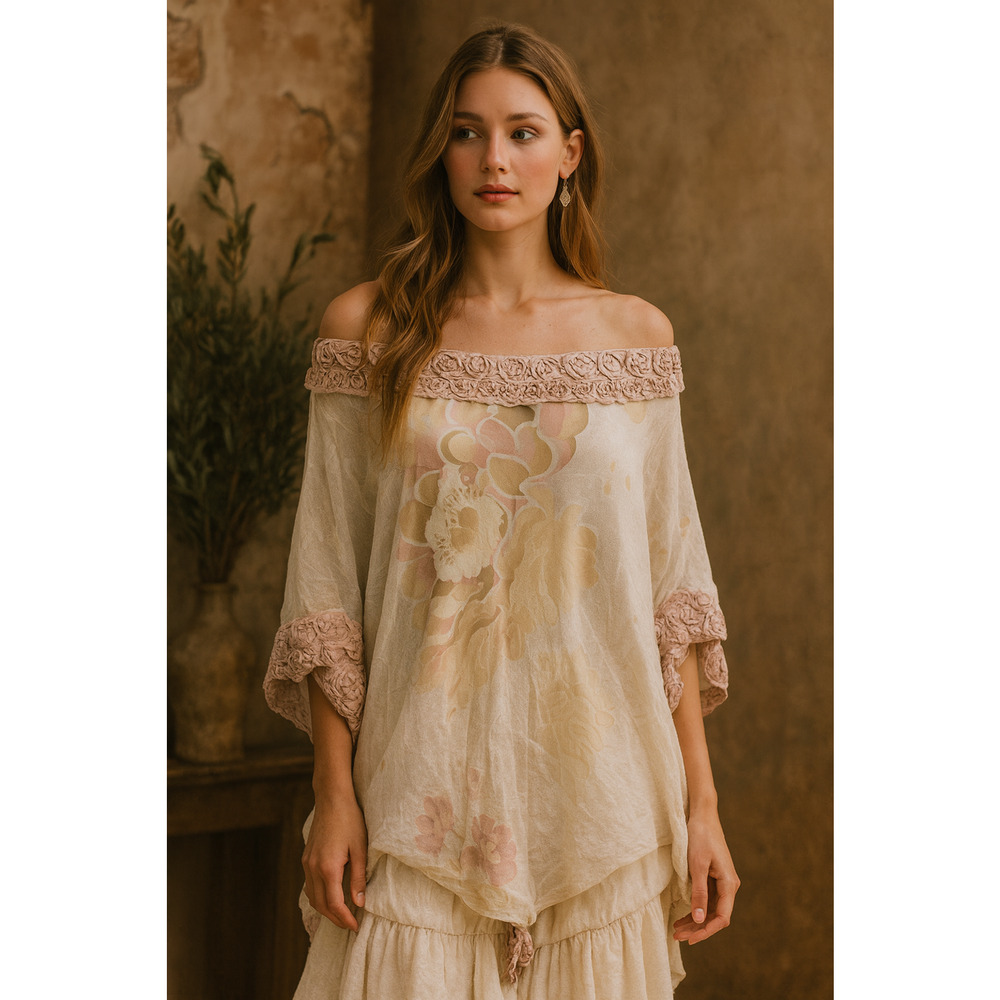 Emamo Silk Floral Sheer Tunic Blouse M Coquette Cottage Romantic Peasant Boho